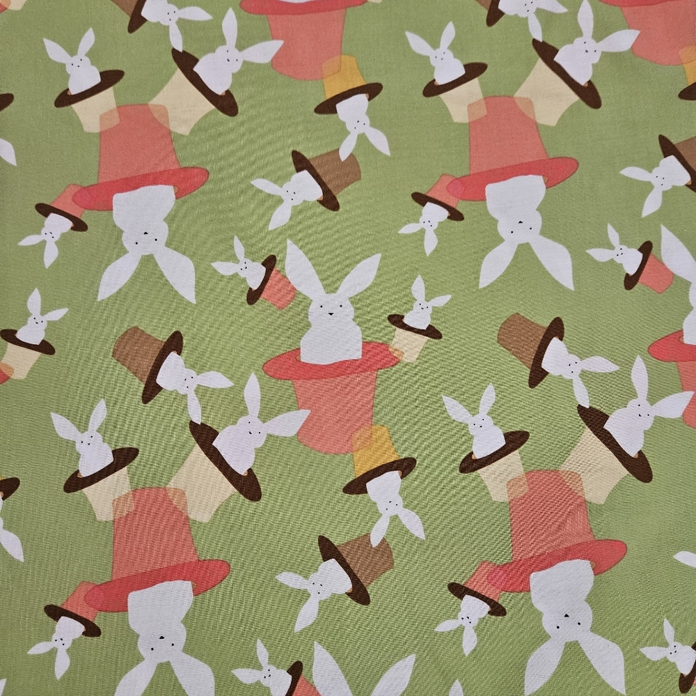 Cute Bunny Magic Hat Print Cotton Fabric - Green Background 9.00 Per Yard